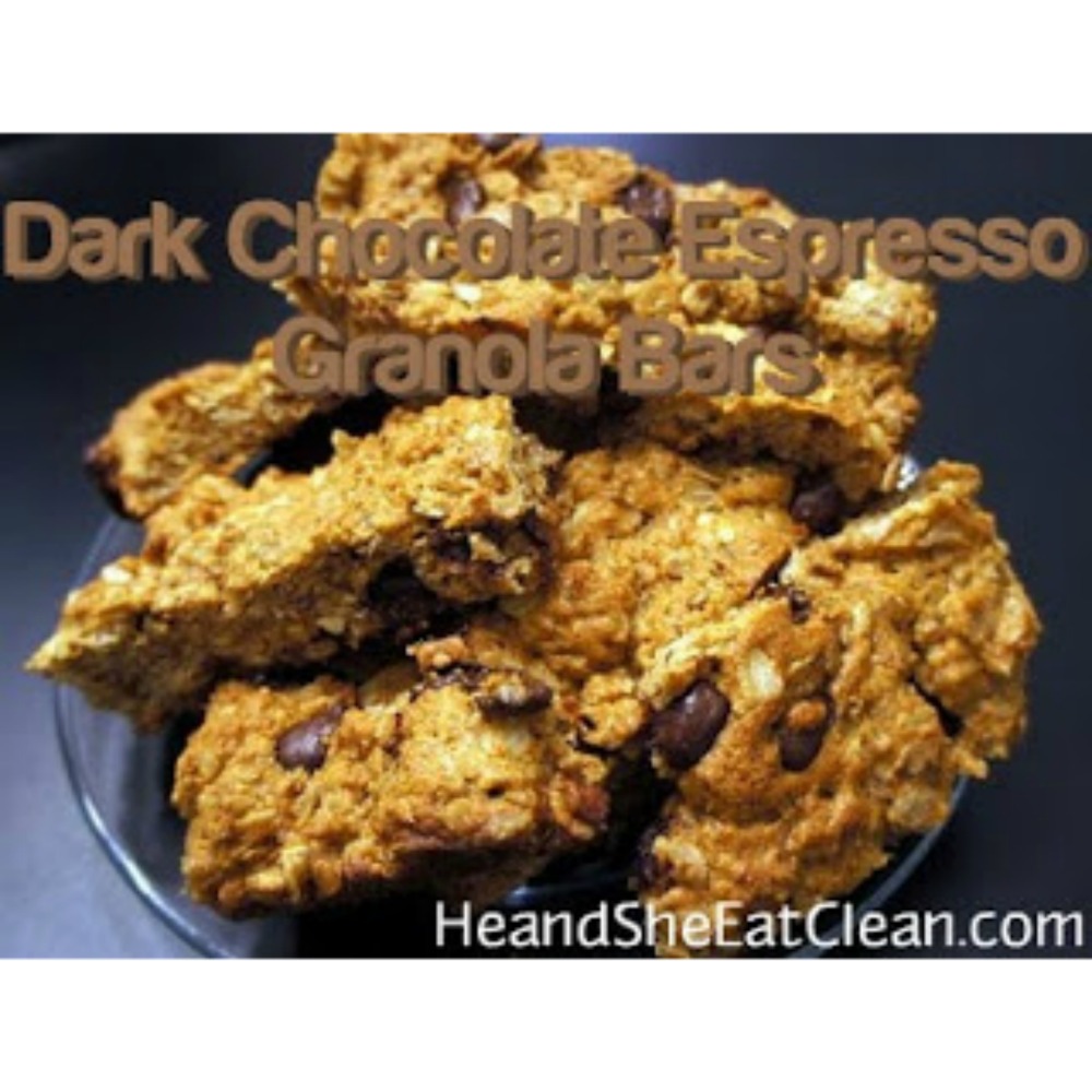 dark chocolate espresso granola bars on a clear plate