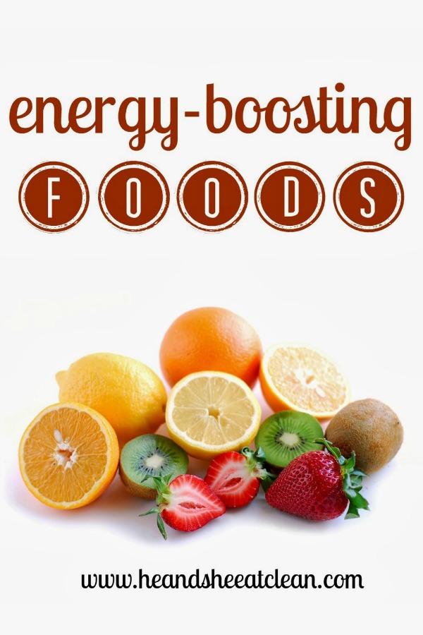 fruits with text that reads energy boosting foods