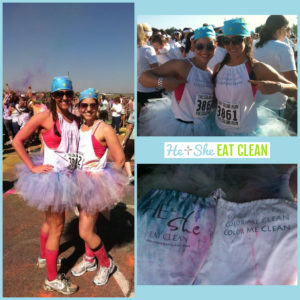 collage of 3 pictures from the color run: two females in two pictures and a picture of t shirt in the 3rd