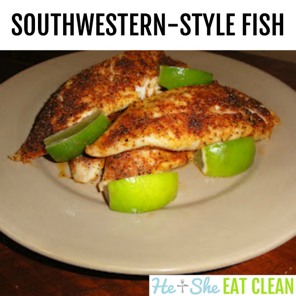 southwestern style fish on a beige plate with limes