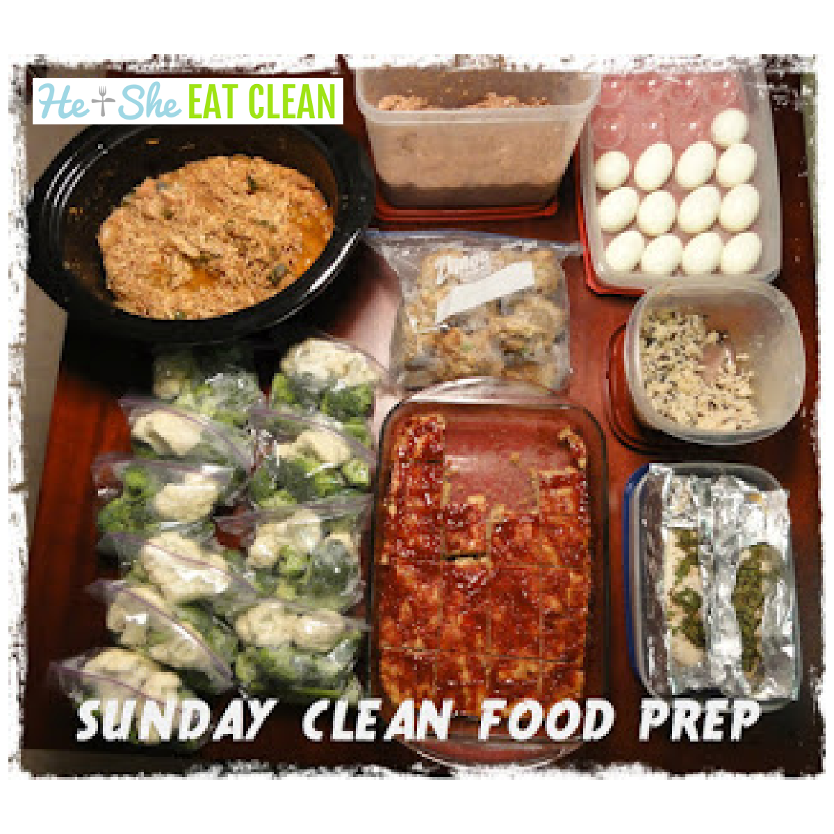 picture of food prep on top of a table with text that reads Sunday Clean Food Prep
