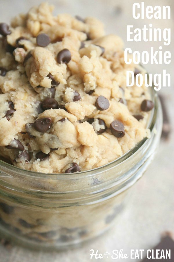 cookie dough with chocolate chips in a clear mason jar with text that reads clean eating cookie dough