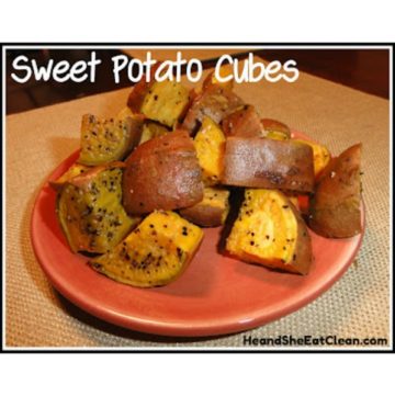 sweet potato cubes on a red small plate