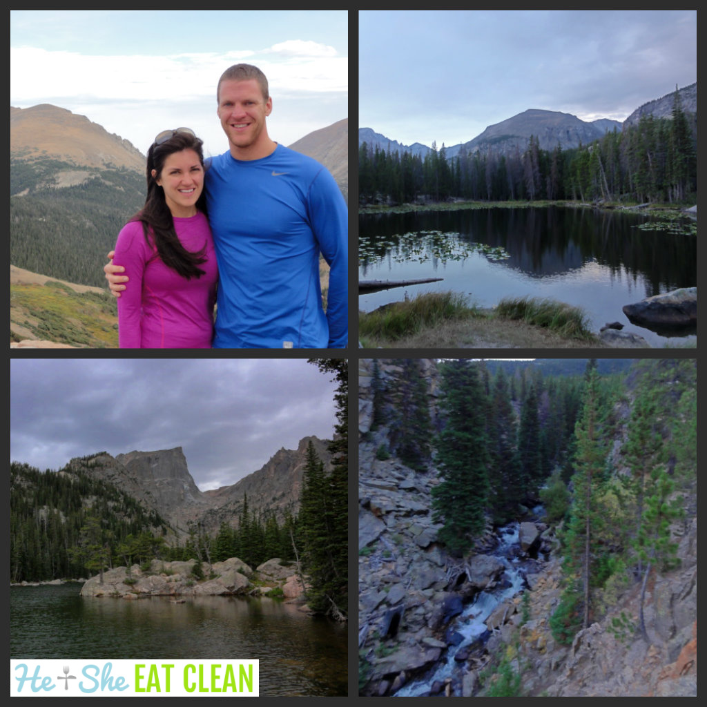 collage: couple standing in front of mountain range, mountain with lake in front, stream running through trees