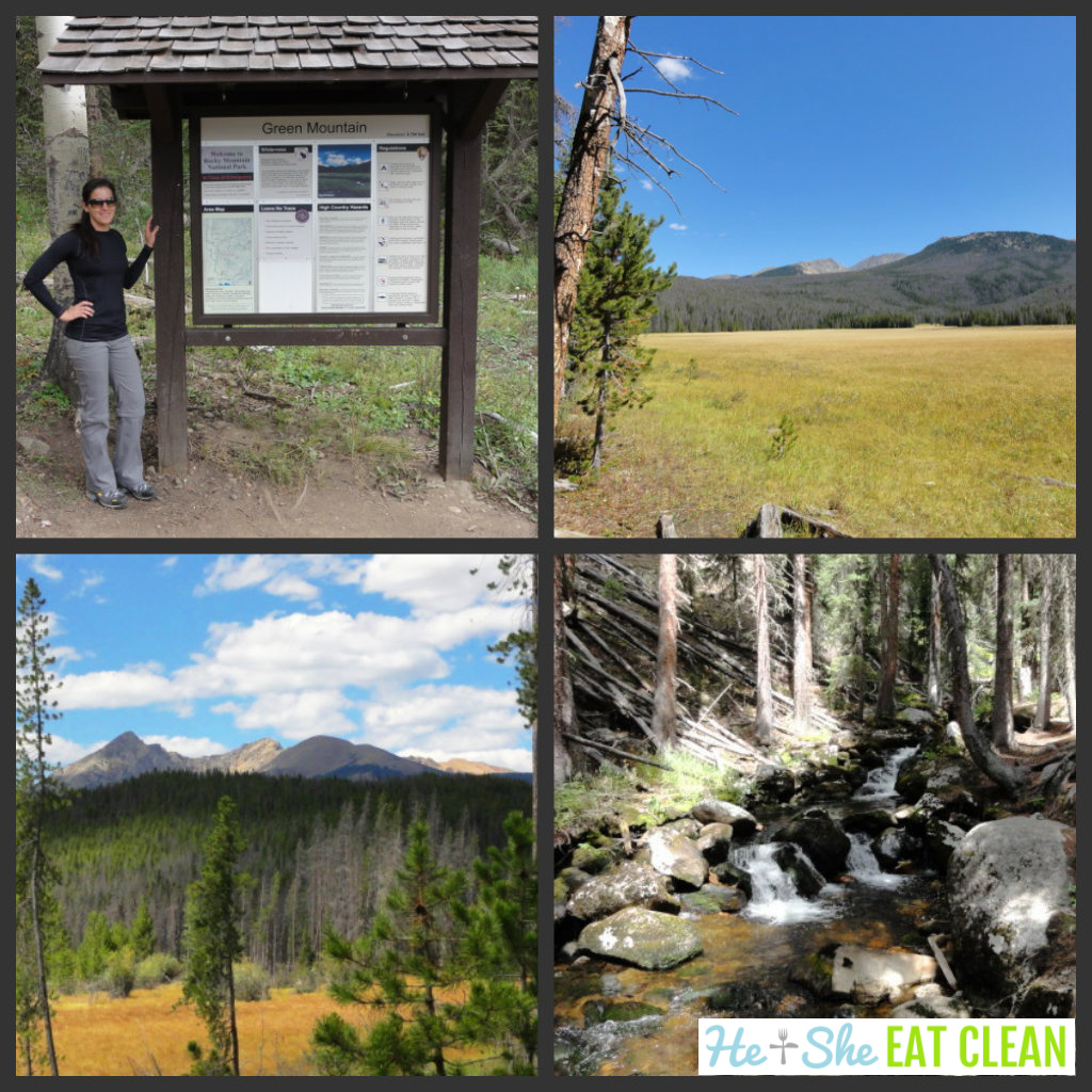 collage of pictures from Colorado: female standing next to hiking sign, meadow picture, waterfall picture
