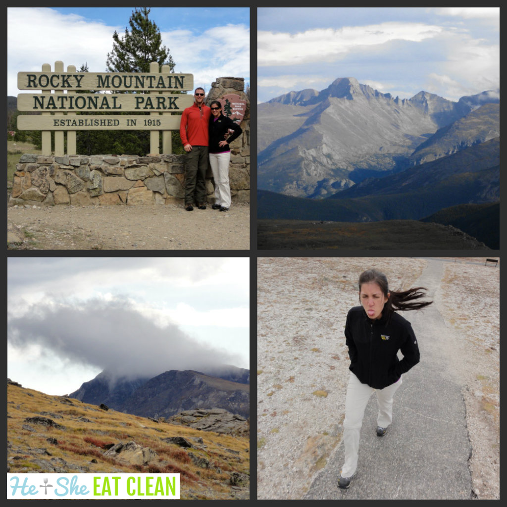 collage of pictures from Rocky Mountain National Park: couple standing in front of the entrance sign, mountains, female walking up a trail