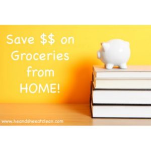 piggy bank on books with text that reads save $$ on groceries from home!