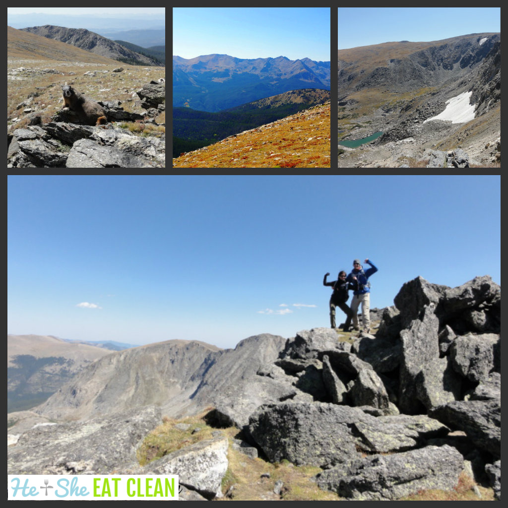 photo collage: marmot sitting on a rock, mountains, couple flexing on top of a mountain