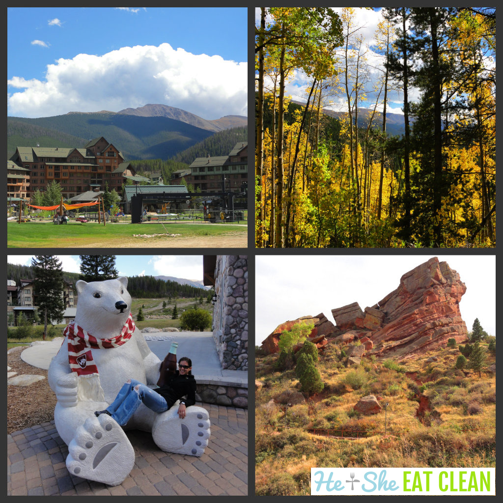 collage: downtown Winter Park, tree forest, female sitting on a large polar bear statue, Red Rocks in Colorado