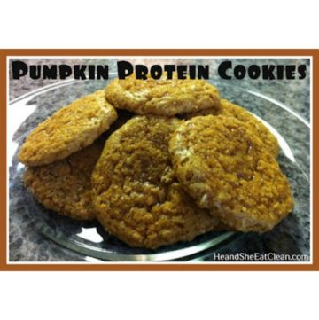 pumpkin protein cookies on a clear plate
