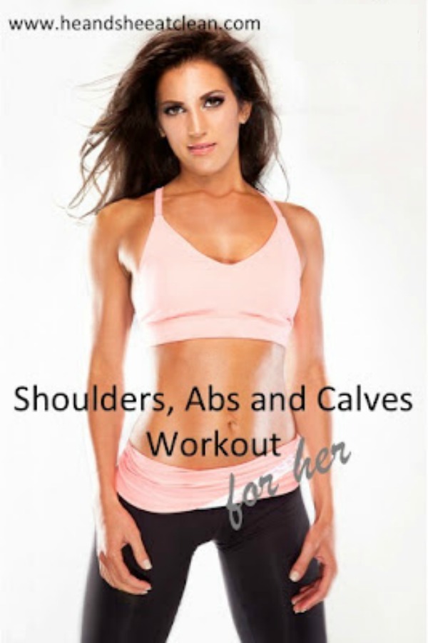 female in a pink sports bra and pink and black capris with text that reads shoulders, abs, and calves workout for her