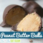 peanut butter balls on a white surface with text that reads peanut butter balls square