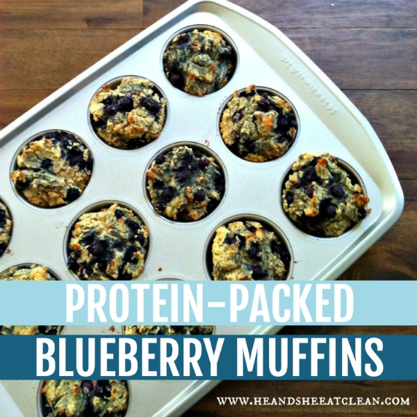 pan of blueberry muffins with text that reads protein-packed blueberry muffins