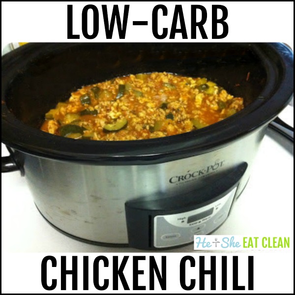 chili in the crockpot with text that reads low carb chicken chili