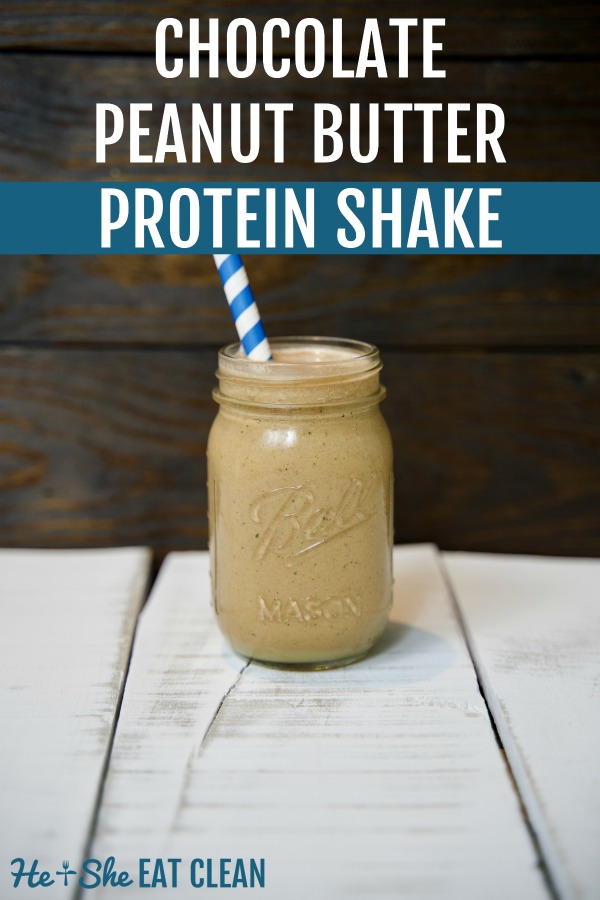 chocolate protein shake in a glass jar on a white board