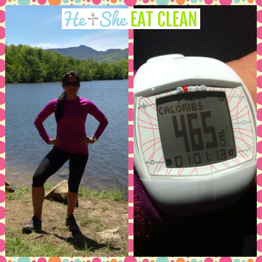 photo collage of female in pink shirt and black workout capris standing in front of a lake with a picture of a heart rate monitor