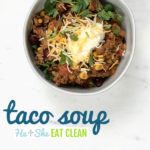 bowl of taco soup with cilantro, greek yogurt, and cheese on top square image