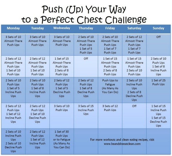 text reads push up your way to a perfect chest challenge monthly workout calendar