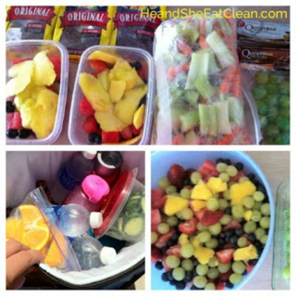 collage of cut fruit in tupperware and food and water in a cooler