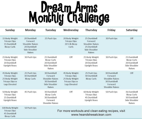 text reads dream arms monthly challenge workout calendar