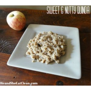 quinoa on a beige plate with an apple in the background - text reads sweet & nutty quinoa