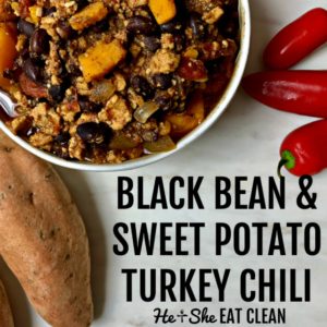 bowl of chili with sweet potatoes and black beans in a white bowl