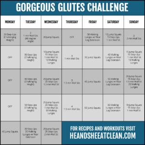 fitness challenge calendar that reads Gorgeous Glutes Challenge