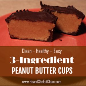 peanut butter cup cut in half on a red small plate square image