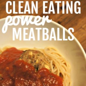 white plate filled with meatballs and spaghetti noodles covered in pasta sauce with text that reads clean eating power meatballs square photo