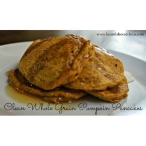 square image stack of pumpkin pancakes on a white plate