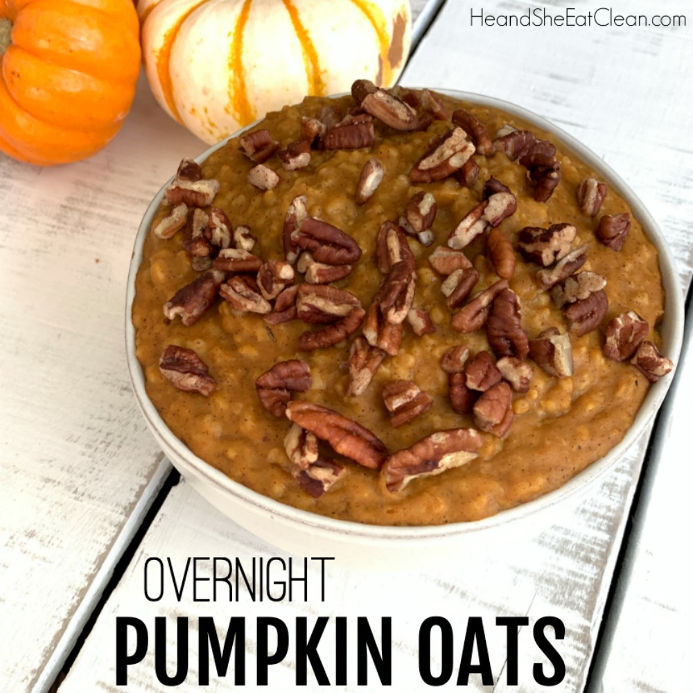 white bowl full of pumpkin oats with pecans on top on a white tabletop square image