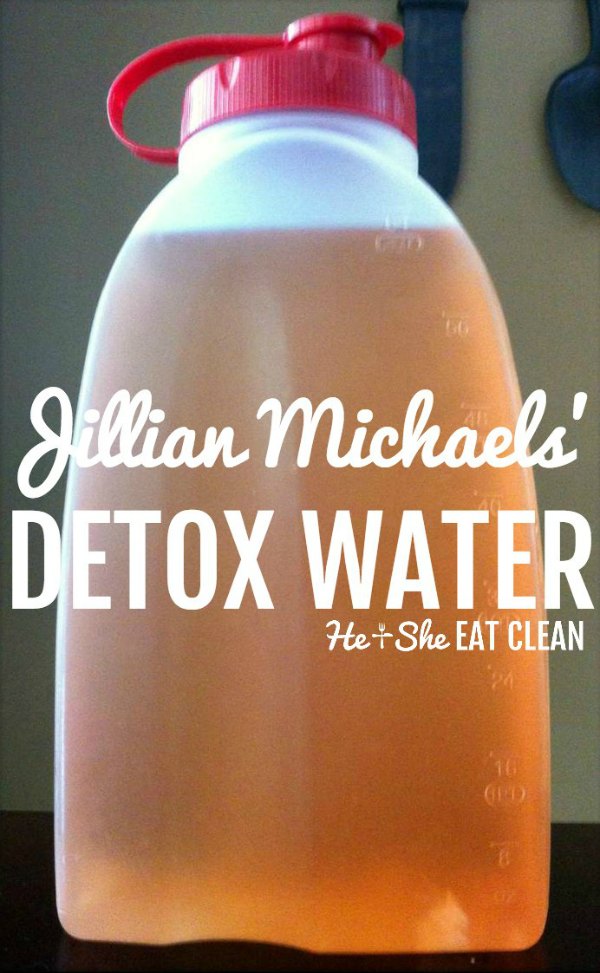 tea in a plastic container with text that reads Jillian Michaels' Detox Water