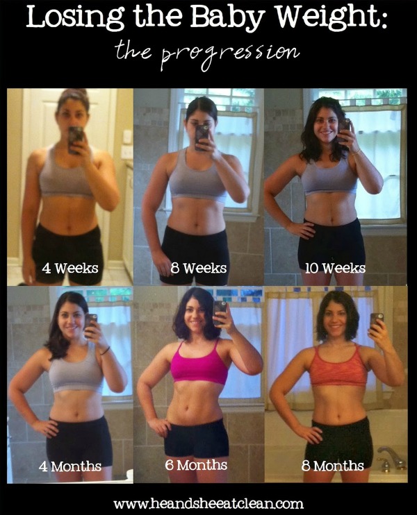 collage of female transformation pictures before and after that reads losing the baby weight