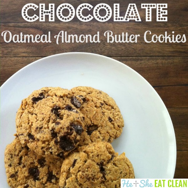 cookies on a white plate with text that reads chocolate oatmeal almond butter cookies square image