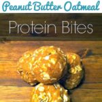 protein bites stacked on top of each other on a wooden table with text that reads no bake peanut butter oatmeal protein bites square image