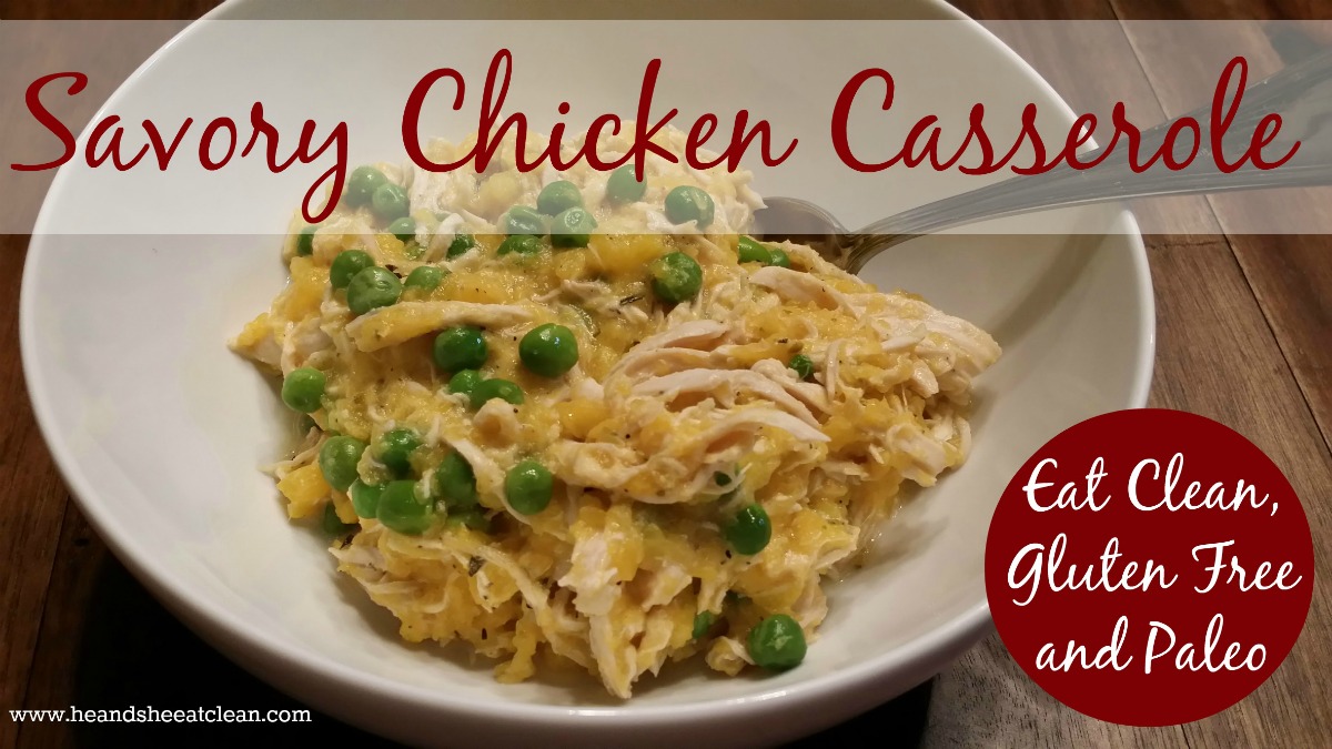chicken, butternut squash, and green peas in a white bowl with text that reads Savory Chicken Casserole