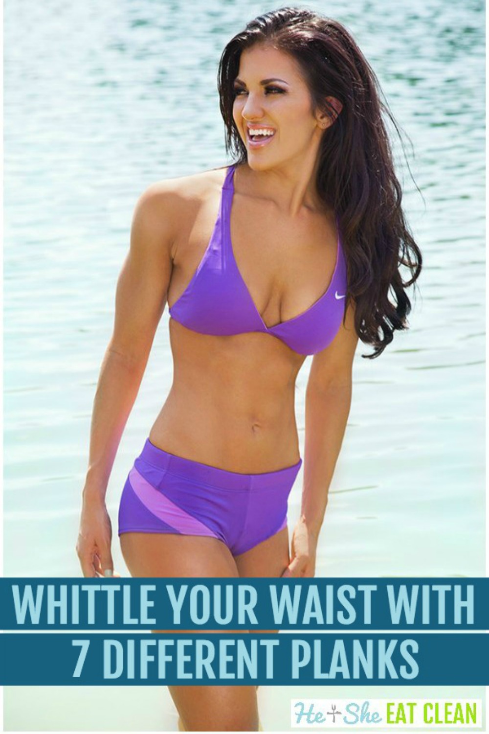 female in purple two piece swimsuit with text that reads whittle your waist with 5 different planks