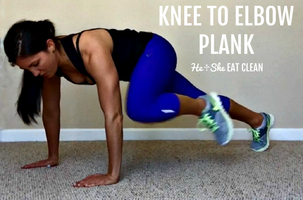 female in a plank position with left knee raised to meet left elbow for knee to elbow plank