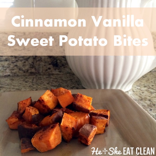 sweet potatoes cubed on a beige plate with text that reads cinnamon vanilla sweet potato bites