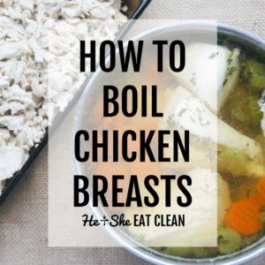 chicken breasts with carrots & celery in a post next to a pan of shredded chicken. text reads how to boil chicken