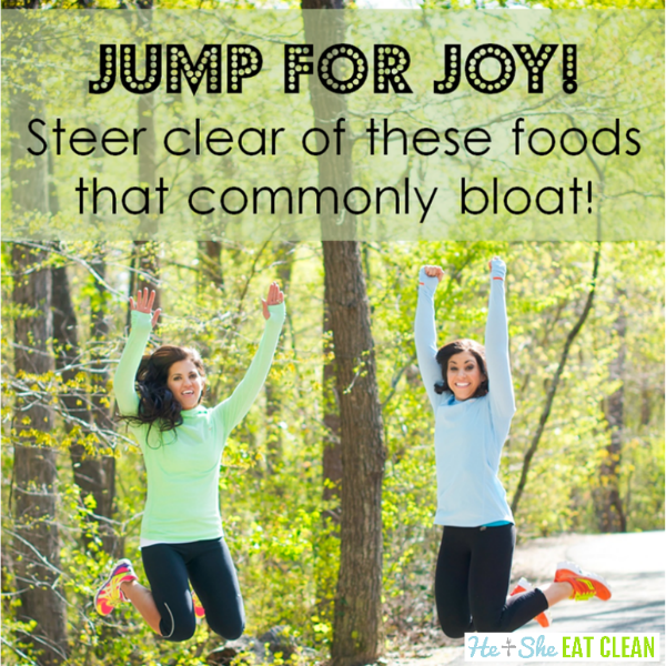 two females jumping with text that reads jump for joy, steer clear of these foods that commonly bloat