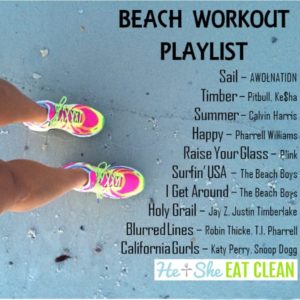 female with bright neon running shoes on sand with a beach workout playlist
