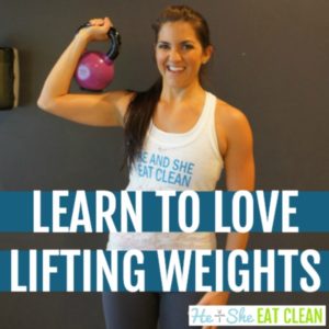 female holding a kettlebell with text that reads learn how to love to lift weights square image