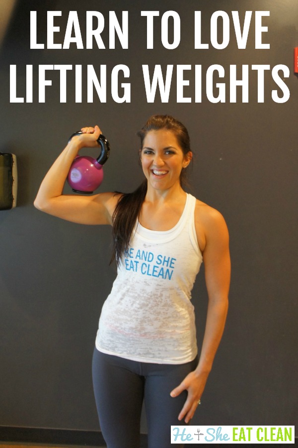 female holding a kettlebell with text that reads learn how to love to lift weights