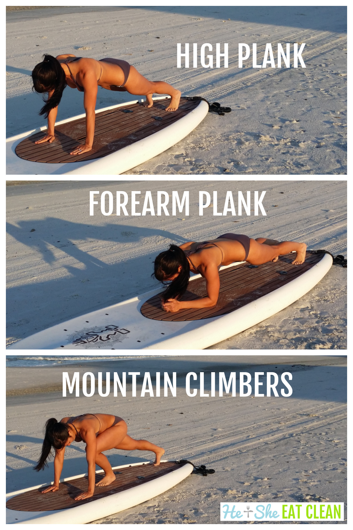 collage of 3 images of female in bikini doing planks