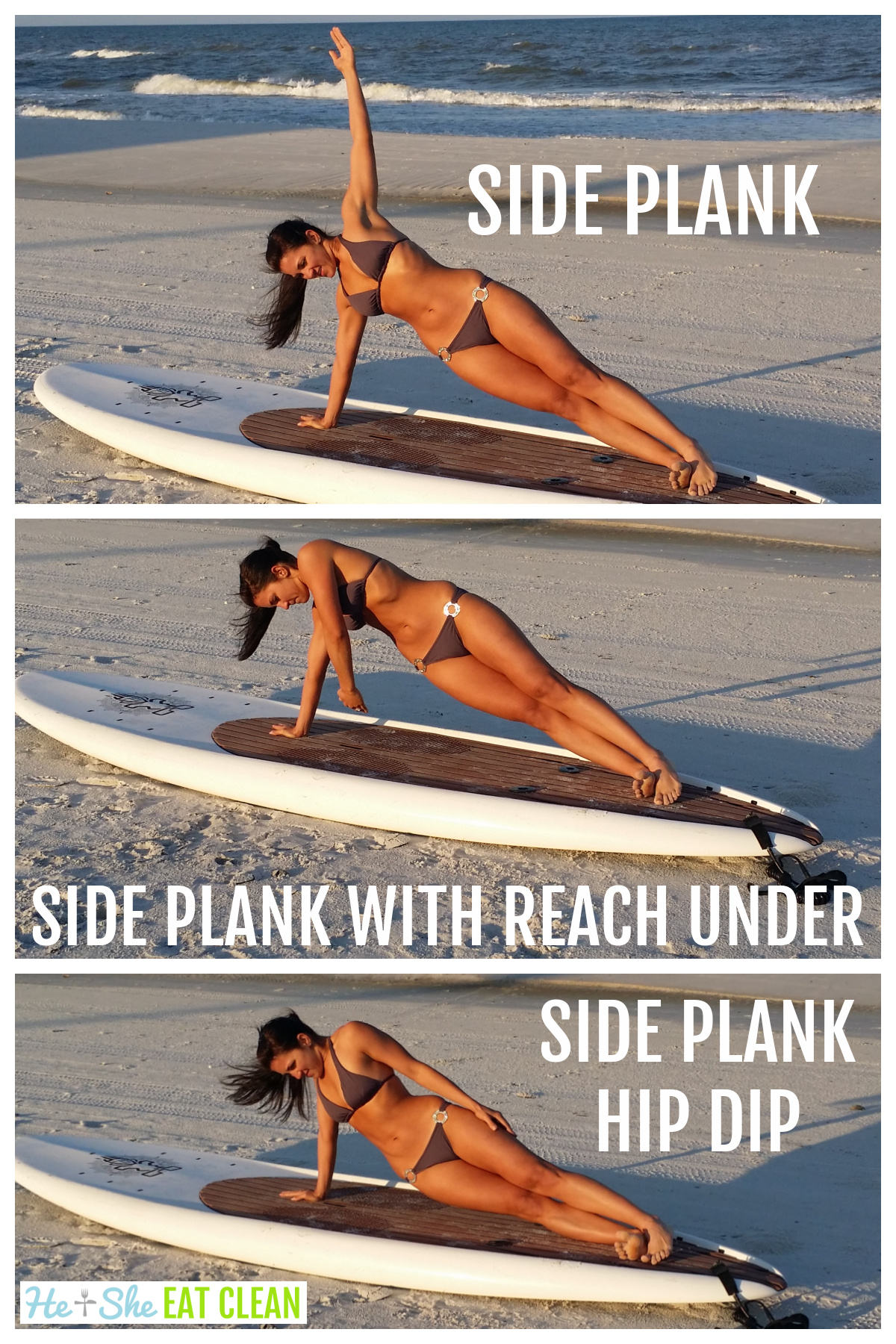3 picture collage of female in bikini doing side planks