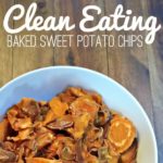 white plate of sweet potato chips with text that reads baked sweet potato chips square