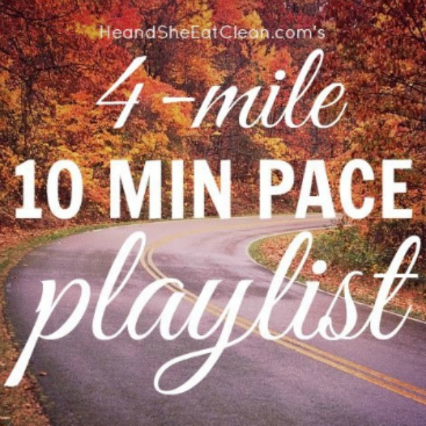 tree lined road with yellow and orange trees leaves with text that reads 4 miles 10 minute pace playlist