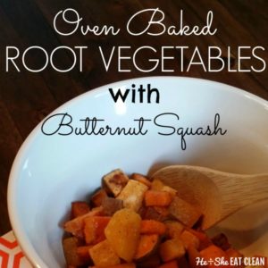 white bowl full of oven baked root vegetables with butternut squash square image