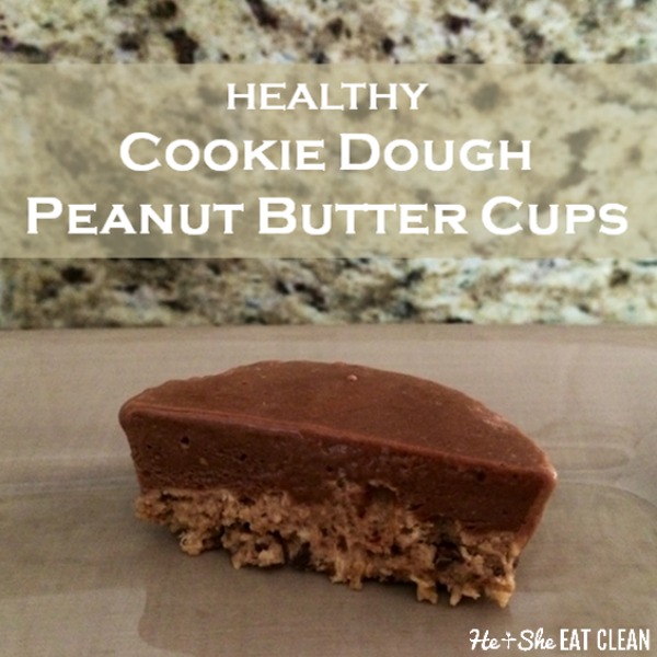 cookie dough bite with peanut butter cup on top on a beige plate